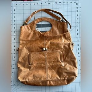 Hobo International Camel Leather convertible crossbody handbag w/brass trim